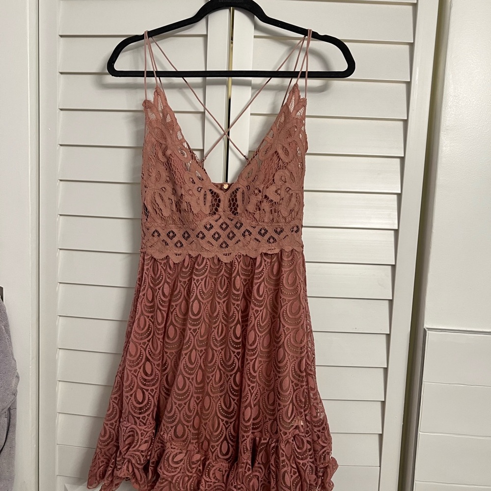 Free People Pink Mini Sundress with Plunge Neckline and Sleeveless Design